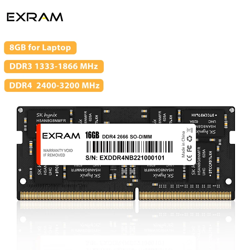 

EXRAM Laptop Memoria Ram 8GB DDR3 1333 1600 1866mhz DDR4 2400 2666 3200MHZ DDR3L 1.35V 204pin Sodimm Notebook Ram Laptop Memory