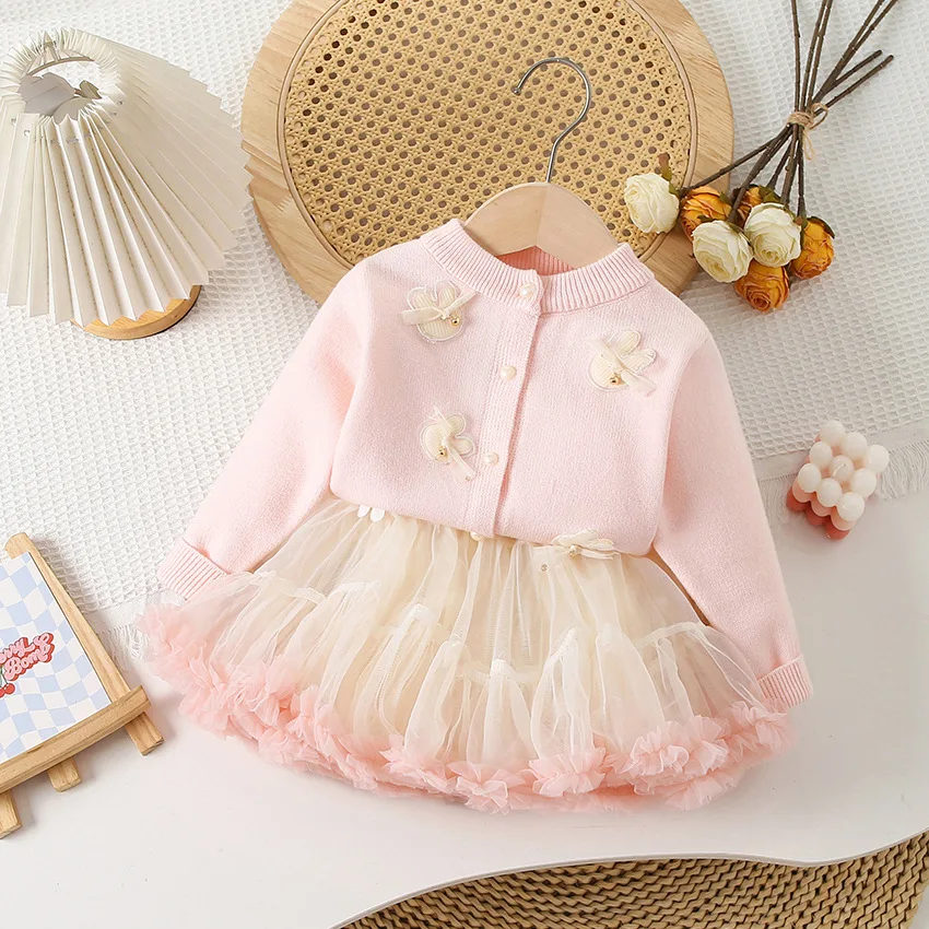 2-7 Y Girls Clothing Set  Single Breast Sweater Ruffle Tulle Skirts 2Pcs  Girls Knit Suit Bunny Cardigans Ball Gown Skirts