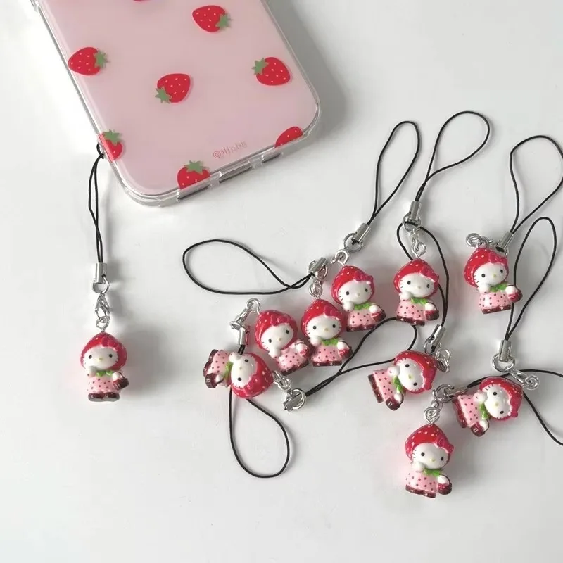 Mini Cute Girl Heart Mobile Phone Pendant Strawberry HelloKitty Hanging DIY Keychain Decoration Accessories Kid Christmas Gift