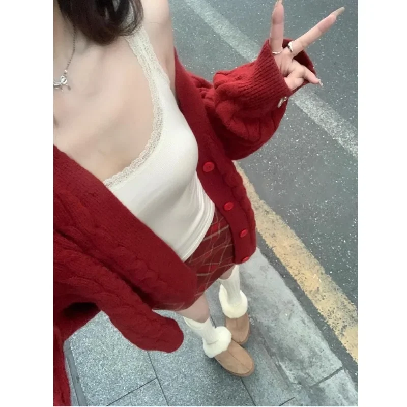 Winter New Christmas Style Cardigan Sweater 2024 Women's Autumn Temperament Retro Red Knitted Jacket Trend Female Clothing