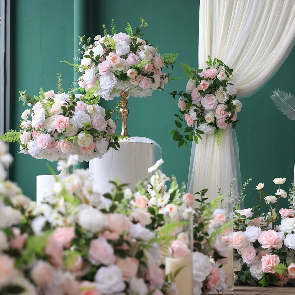 Luxury Backdrop Sets Fleurs Artificielles Mariage Decoration Custom Pink White Rose Centerpiece Floral Arrangement Props HY2448