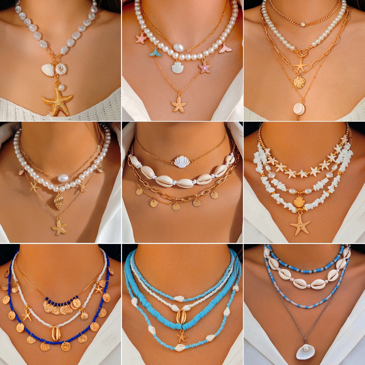 Summer Shell Starfish Layer Pendant Necklace for Women Bohemian Gold Color Chic Beach Jewelry Vacation Party Gift