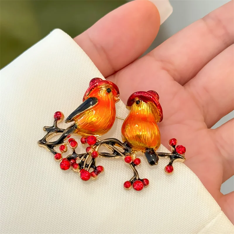 Fashion Enamel Two Brids On The Branch Brooches For Women Clothing Jewelry Accessories Gift