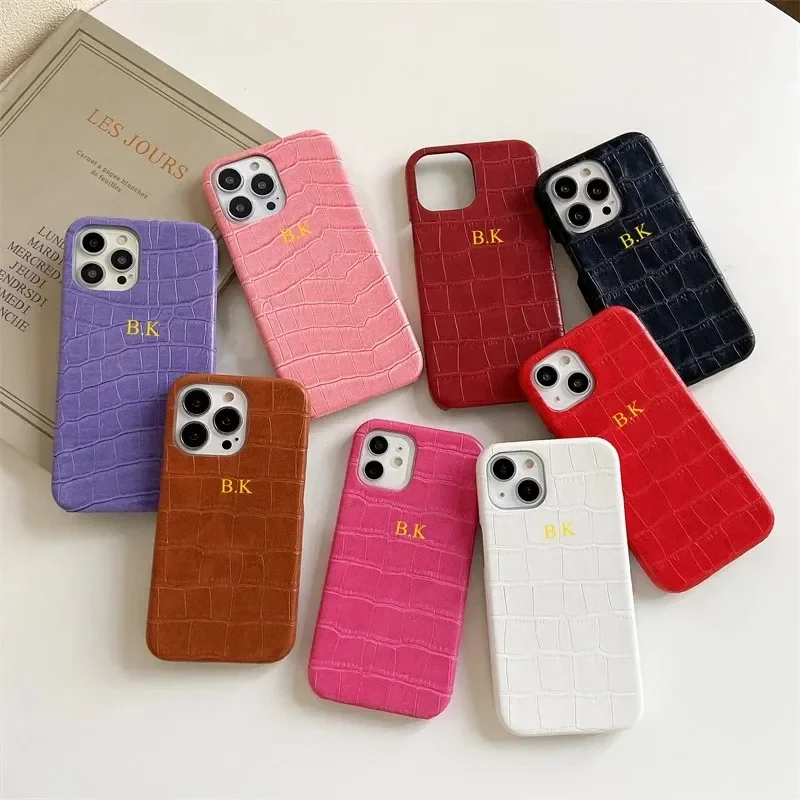 Personalisierte Gold-Initialen Lederhüllen für iPhone 17 15 12 14 13 Pro Max 17 Pro Max Luxus Krokodil PU Hartschalen-Cover