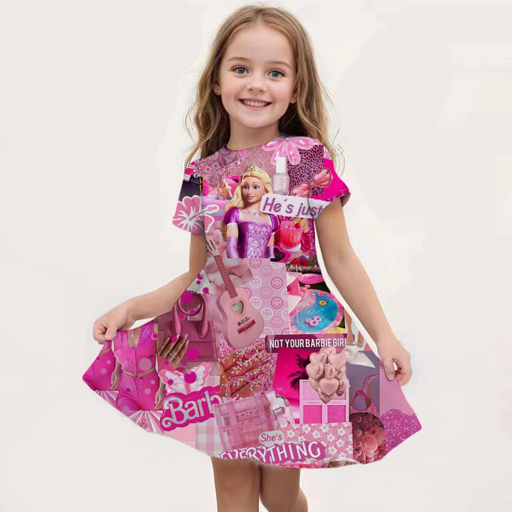 MINISO New Summer Girl Barbie Princess Print Dress Party Fashion Dress Birthday Gift Girl and Children\'s Cospaly Clothing