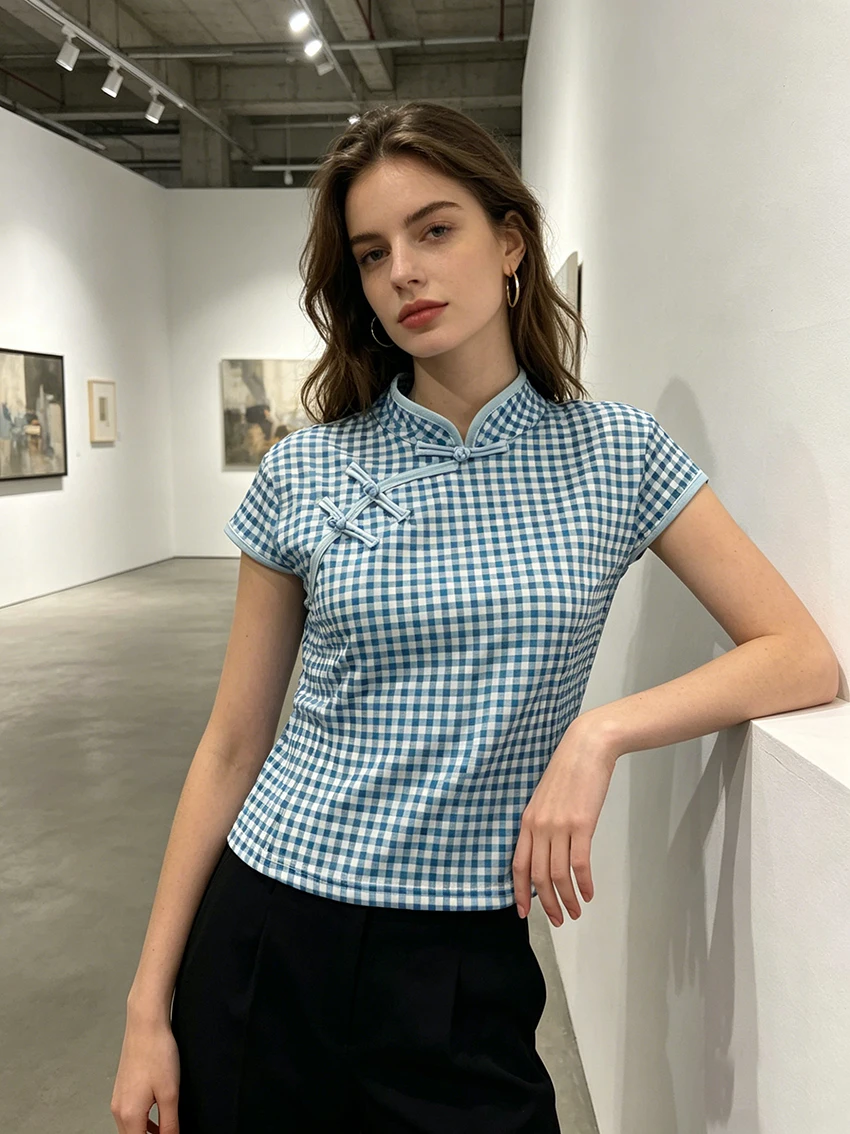 Fashionable Versatile Classic Short Sleeved Tops Summer Retro Style Slanted Neck Slim Checkered Contrasting Stand Collar T-shirt
