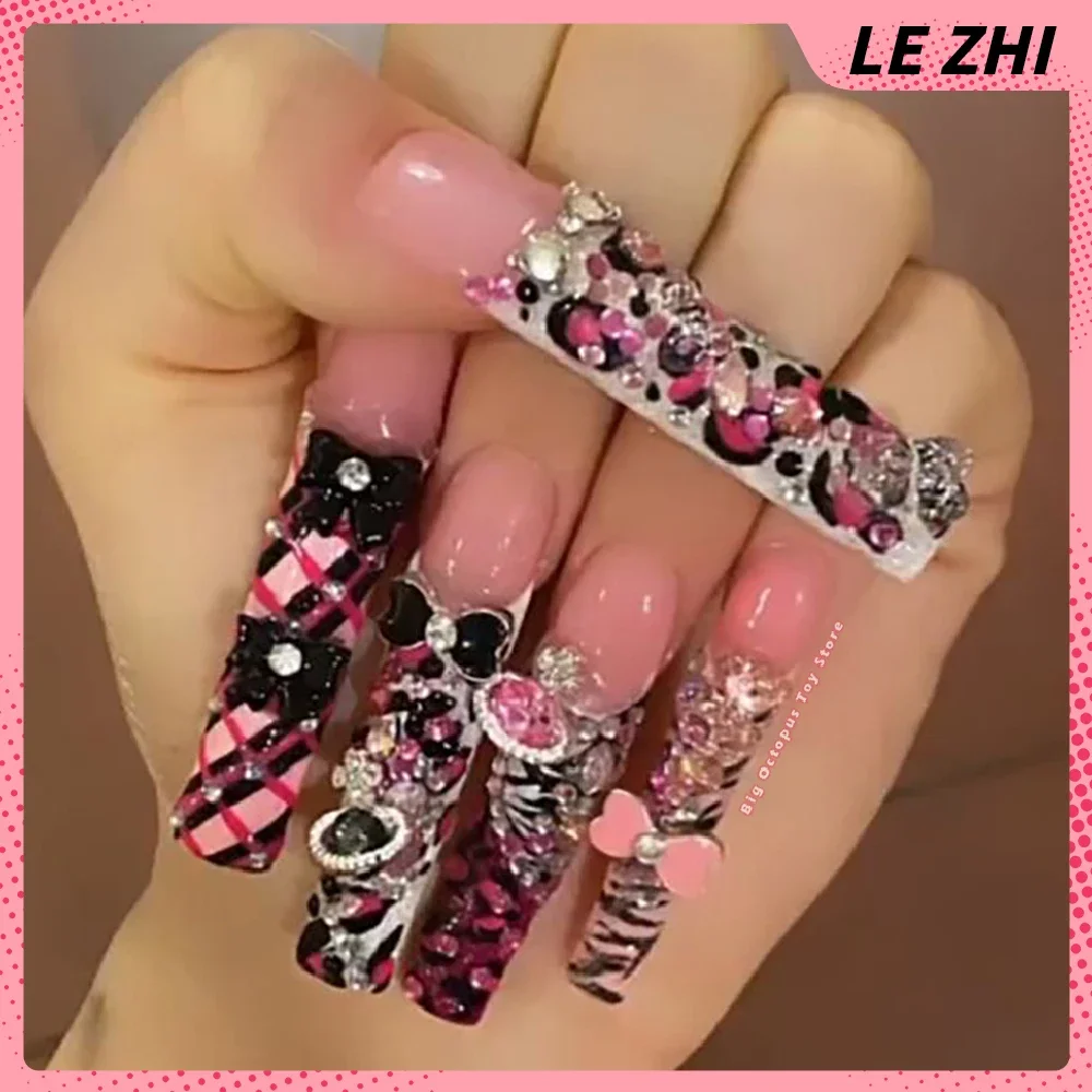 High-End Customizable Xxl Long Square Coffin Fake Nail Art Hello Kitty Mymelody Y2K Spice Girl Diamond Handmade Party Sticker