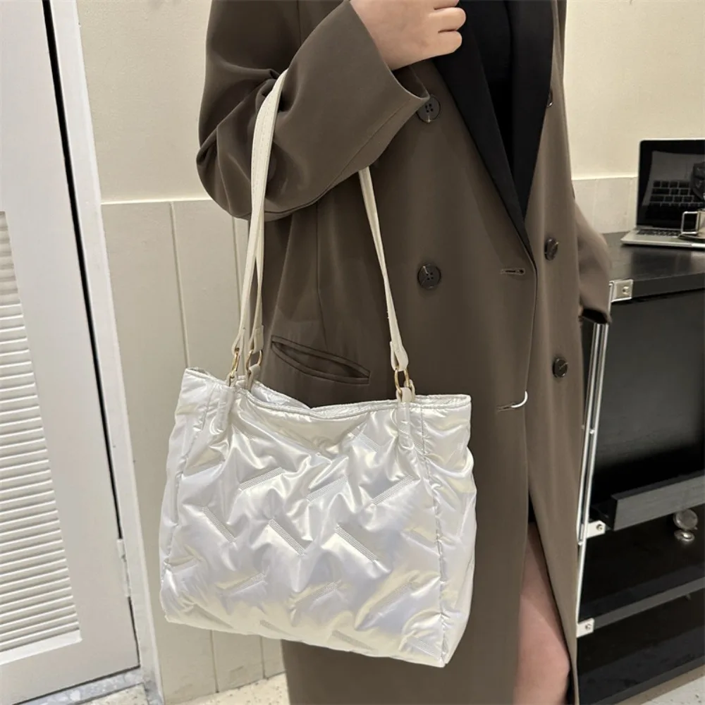 

Simple Korean Style Space Cotton Tote Bag Large Capacity Down Puffer Shoulder Bag Elegant Lightweight Handbag Girls