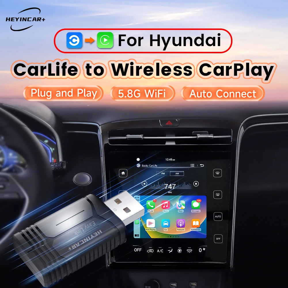 HEYINCAR Baidu Carlife to Wireless Carplay For Hyundai Tucson Elantra Lafesta Sonata Mufasa Custo China car Yandex Map spotify