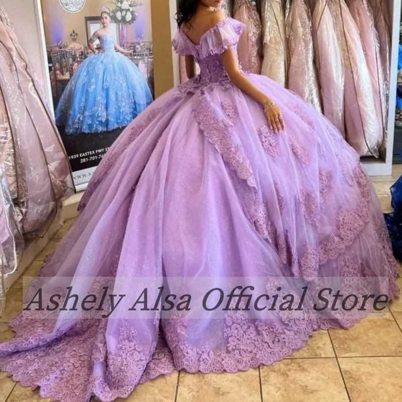 Ashey Alsa-Vestido morado De quinceañera para niña, traje De princesa con apliques y hombros descubiertos, para fiesta De graduación De 16 Años, 2024