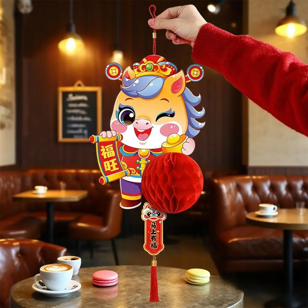 النمط الصيني 2026 السنة الجديدة فانوس الورق الأحمر التقليدية احتفالية الحصان سنة معلقة المعلقات مع شرابة الكرتون
