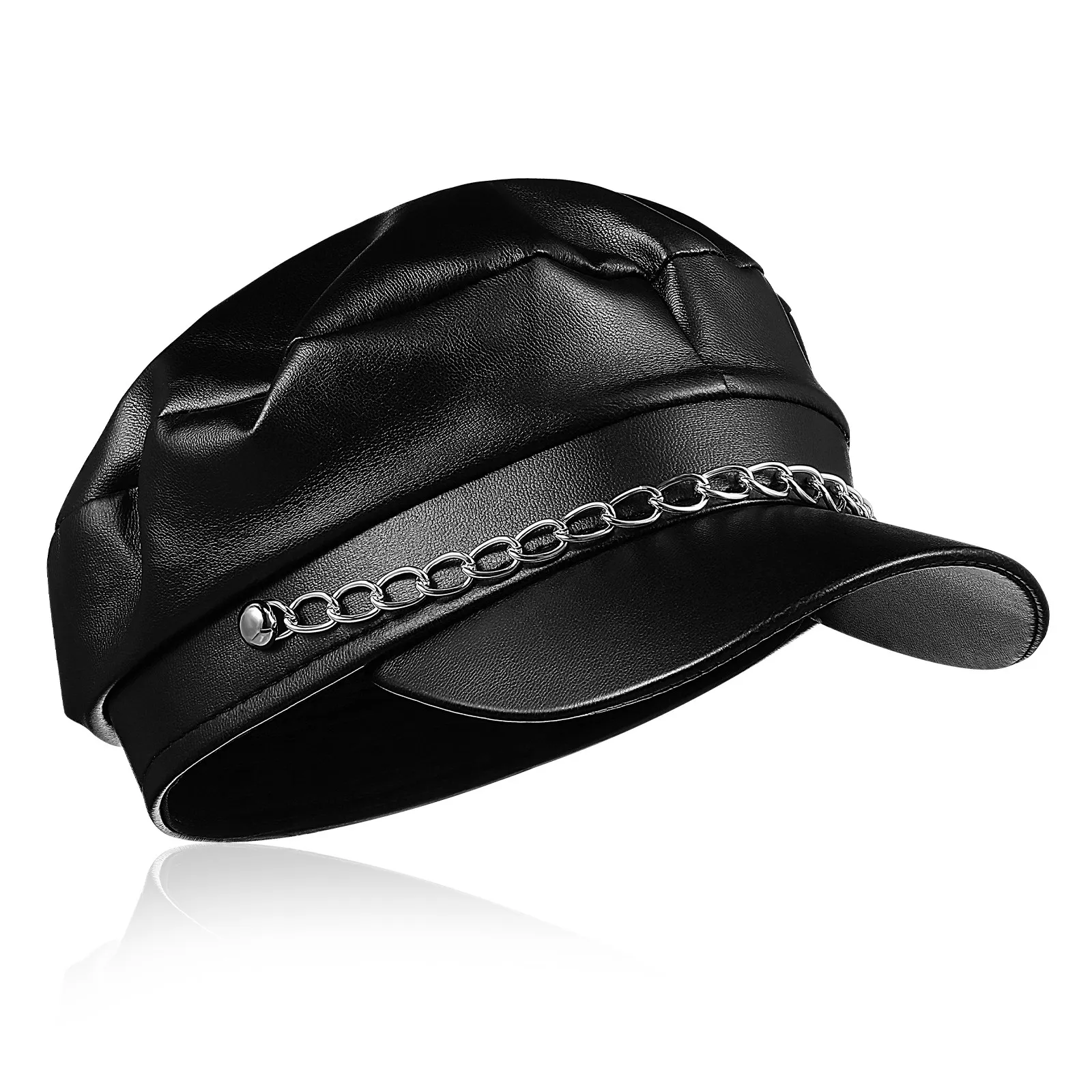 Black PU Chain Sailor Hat Vintage Flat Top Short Brim Costume Party Newsboy Beret Bakerboy Fisherman Captain Hat