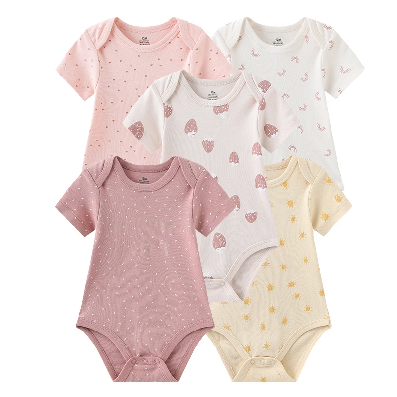 5Pieces Baby Girl Clothes Unisex New Born Bodysuits 2023 Cotton Baby Boy Clothes Set Cartoon Print Summer Solid Color Bebes