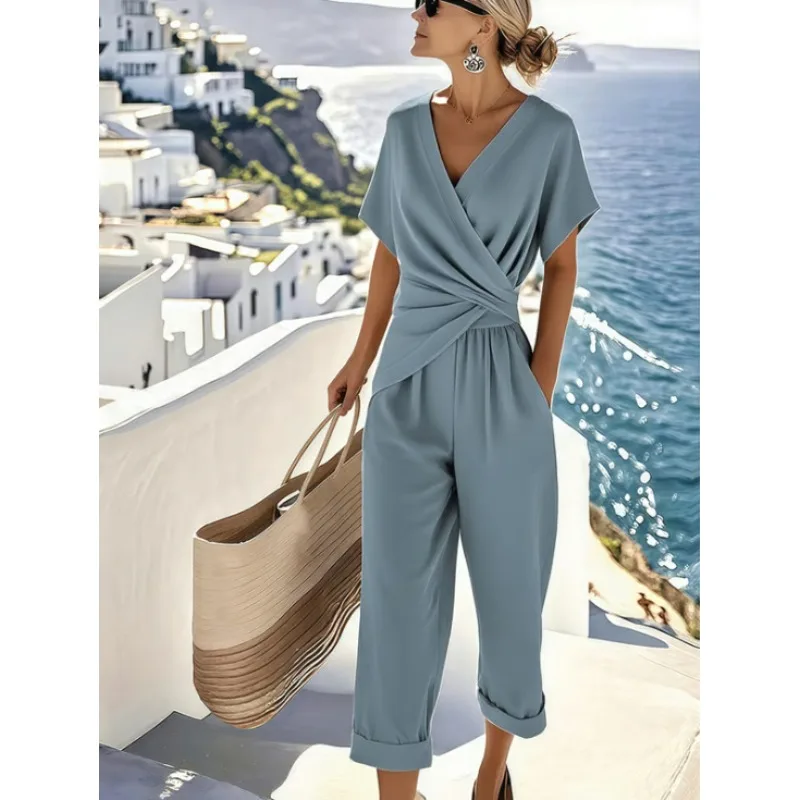 Summer New Cross-border Women's Clothing Europe and America AliExpress Fashion Solid Color Irregular Short-sleeved Personalized