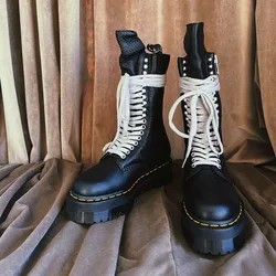 Cowhide Version of Boots for Womenbritish Style Small Stature, Medium Length Boots, Increased Thick Soled Motorcycle Short Boots