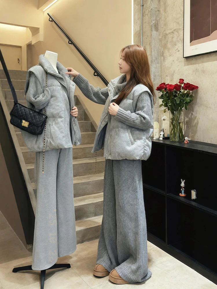 

Winter Fashion plus Size Knitted High Collar Vest Wide Leg Pants Three Piece Set Comfortable Cotton Warm Casual Outfit for Women