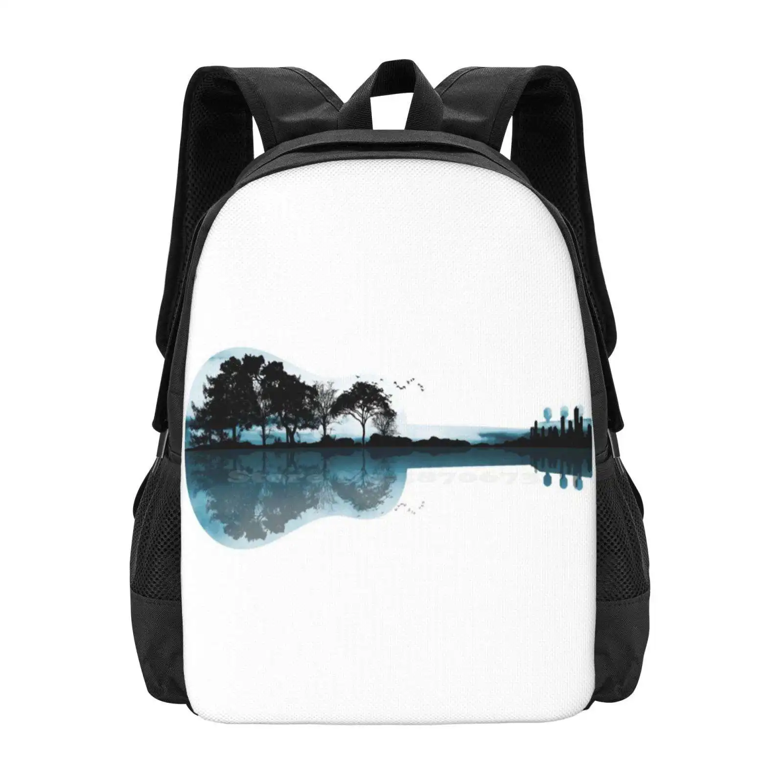 Nature Guitar Fashion Pattern Design Travel Laptop School Backpack Bag Guitar Nature Trees Silhouette Artistic Landscape Lake