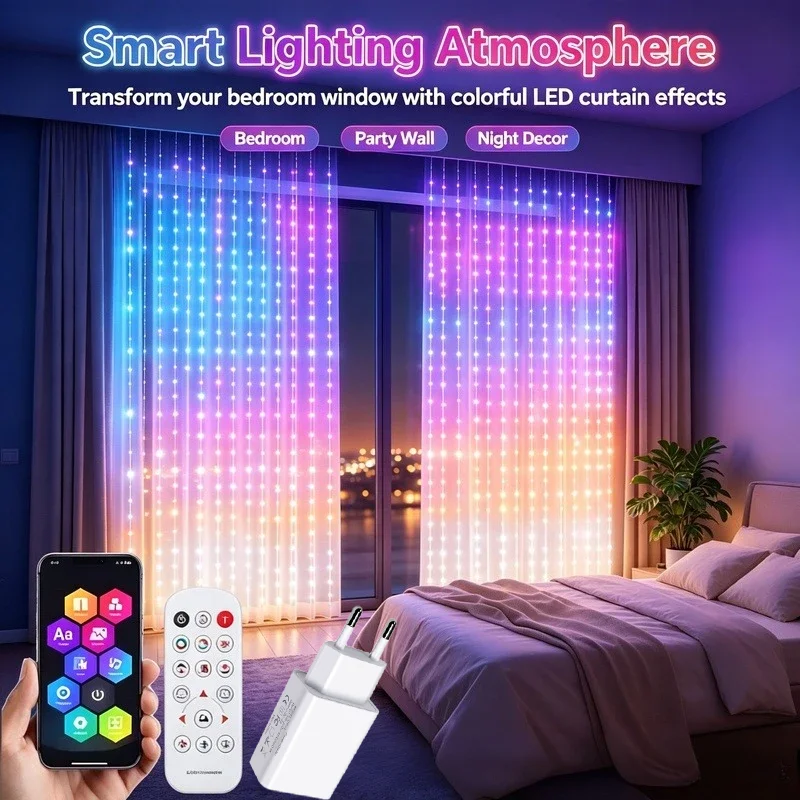 400 LED RGB Smart Curtain Fairy Lights, Bluetooth App Control, DIY Pattern Display Music Sync for Window Bedroom Decor