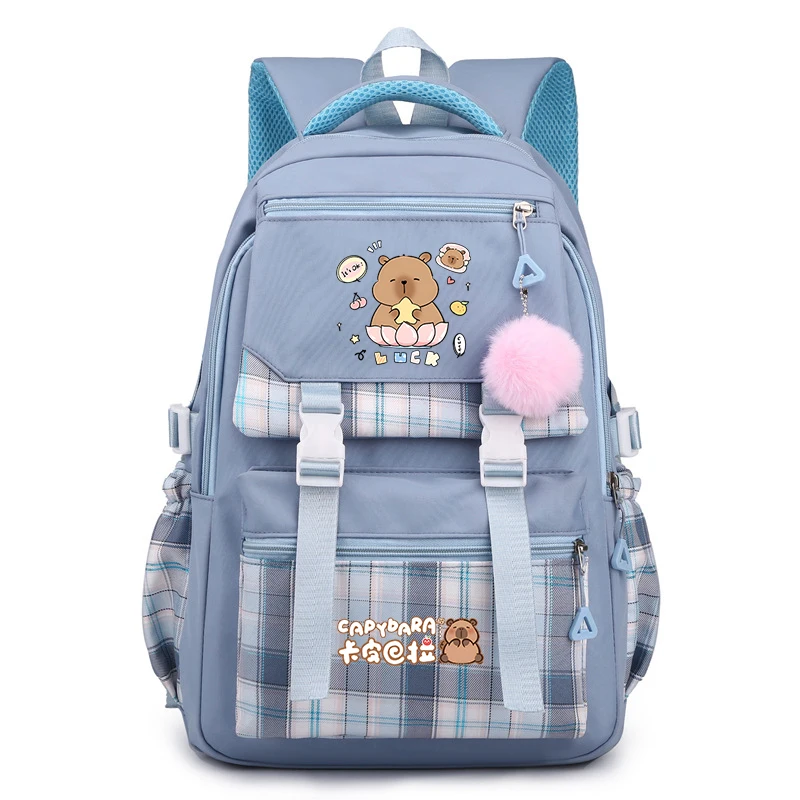 Kawaii Lucky Lotus Capybara Print Plaid Splicing Backpack Teen Girls School Bags Multi Pocket Laptop Bag Teenage Mochilas Para