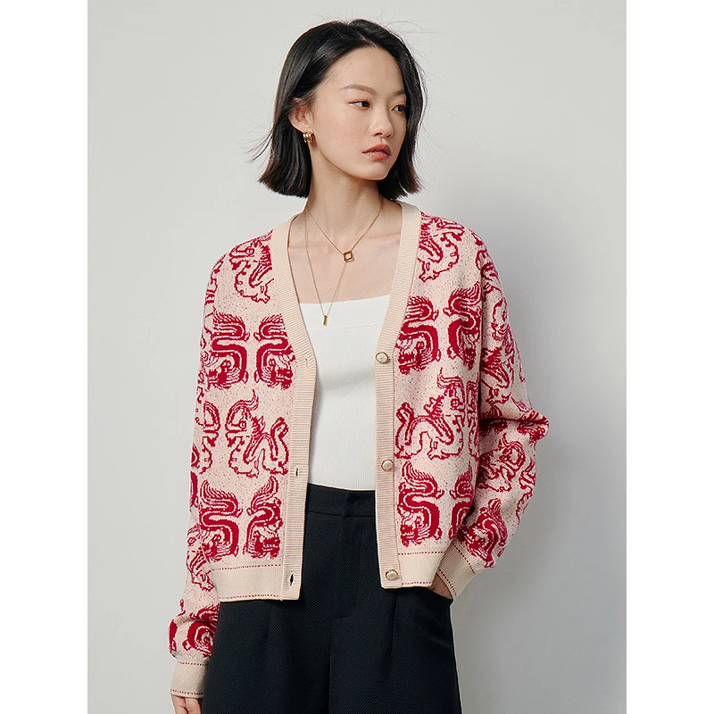 Toyouth Women Knit Cardigan 2024 Spring Long Sleeve V Neck Loose Sweater Dragon Year Customized Jacquard Fashion Red Outwear