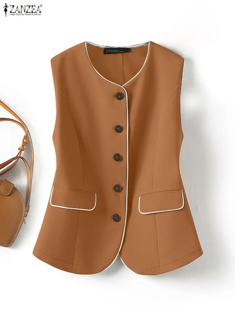 ZANZEA-Chalecos de moda para mujer, Tops elegantes y elegantes con contraste, cuello redondo, sin mangas, abotonados, chalecos de Color sólido, ropa para mujer