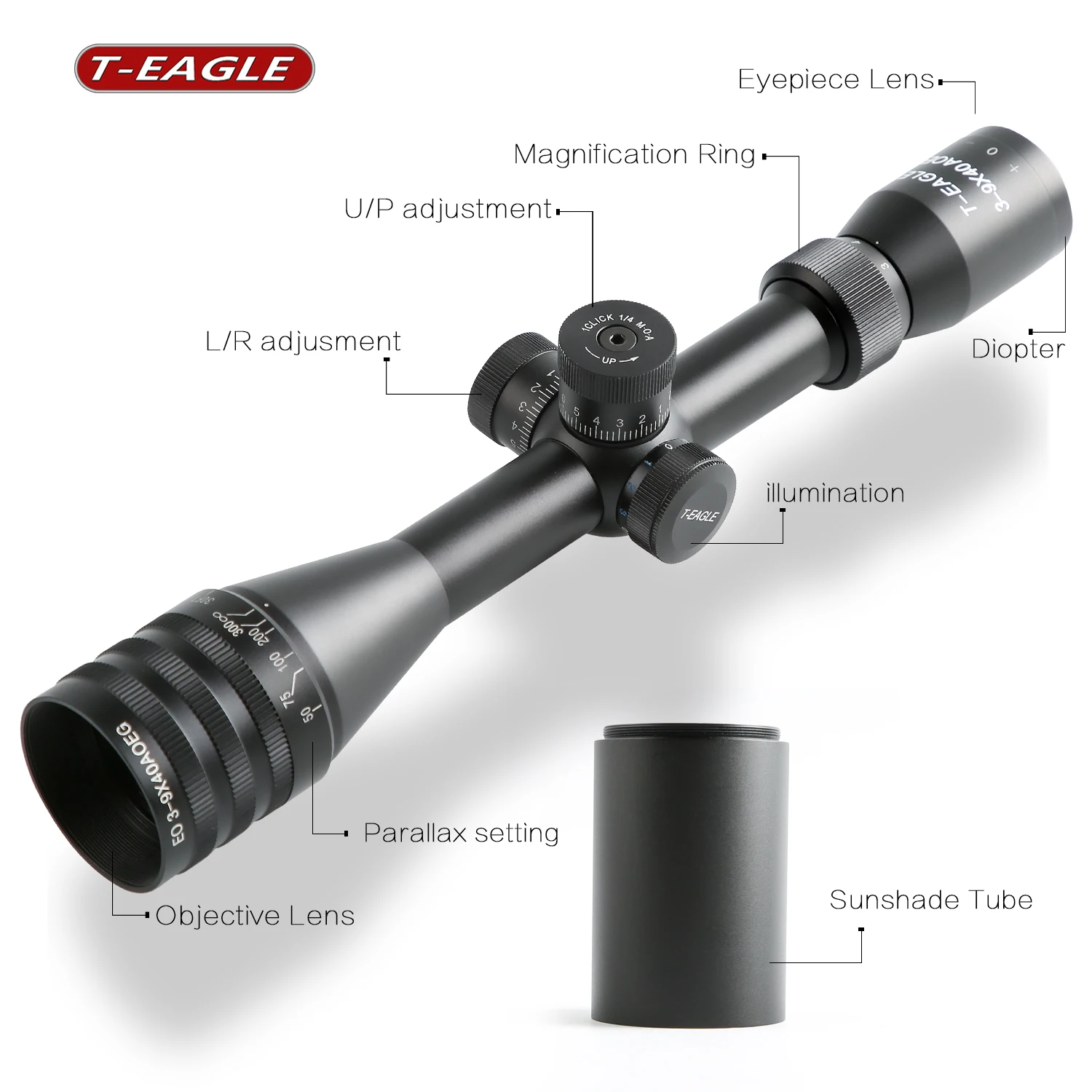 T-EAGLE EO 3-9X40 AOEG KN البصريات البصر Riflescope مقاوم للماء للصدمات يناسب الادسنس لنطاق الصيد الإضاءة الحمراء الخضراء