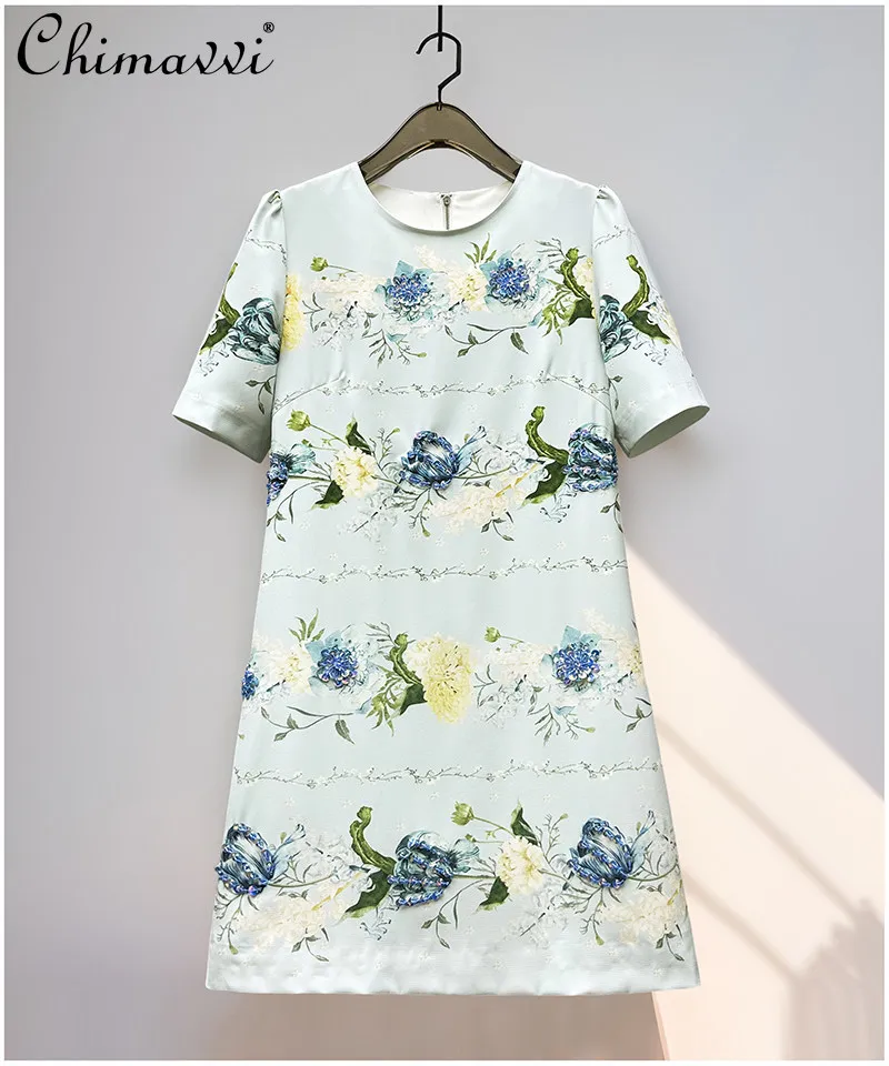 

French Elegant Retro Fashion Printed Sequins Beaded Crew Neck Short Sleeve High Waist A-line Short Dress For Women Summer 2026