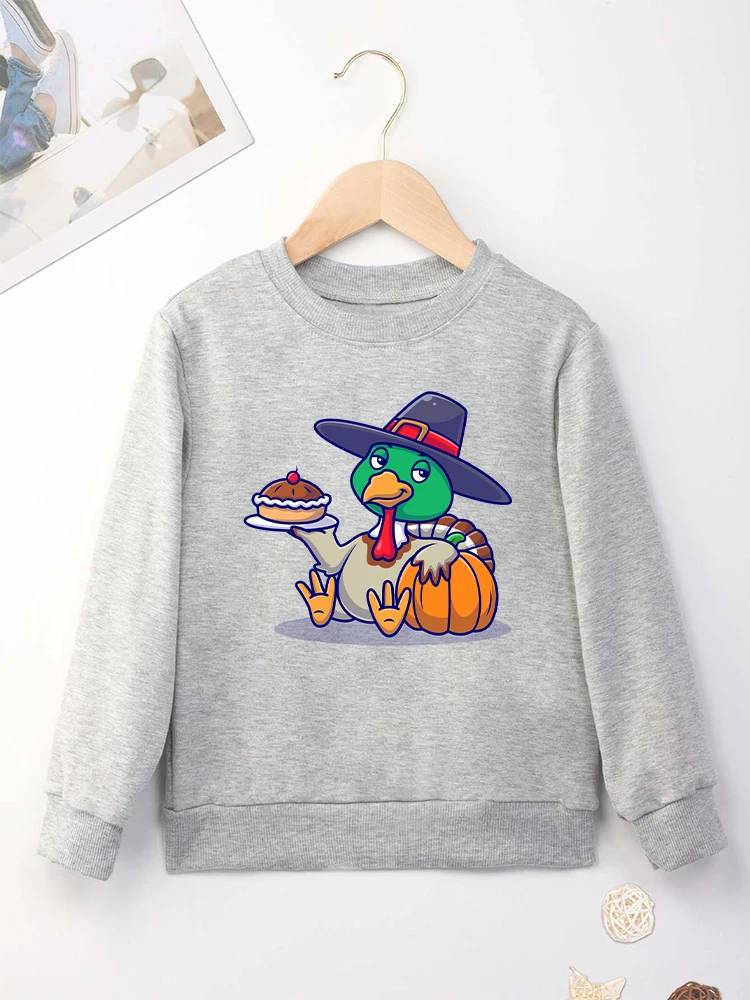 Cute Animal Turkey Print Hoodie Cartoon Harajuku Fashion Trend Sweatshirt for Boy Girl Blue O-neck Tops Urban Street Pullover