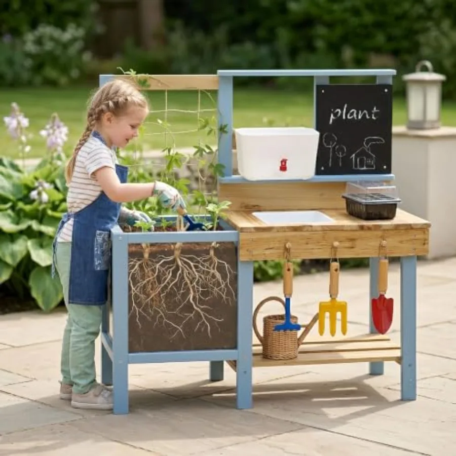Potting Bench for Outdoor, Fir Wood Gardening Station with Transparent Planter Box, Outside Activity Wooden Table with Sink, Fa