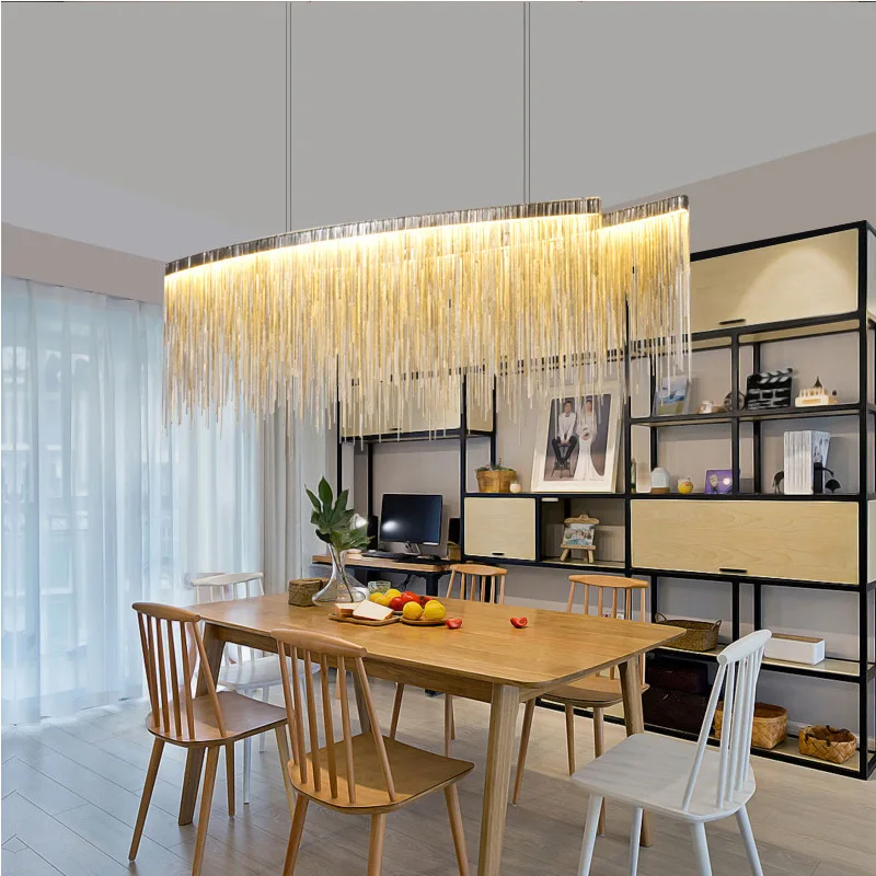 Modern LED Tassel Pendant Lights Aluminum Chain Chandeliers Hanging Lamps Home Living Room Kitchen Suspension Lustre with Remote