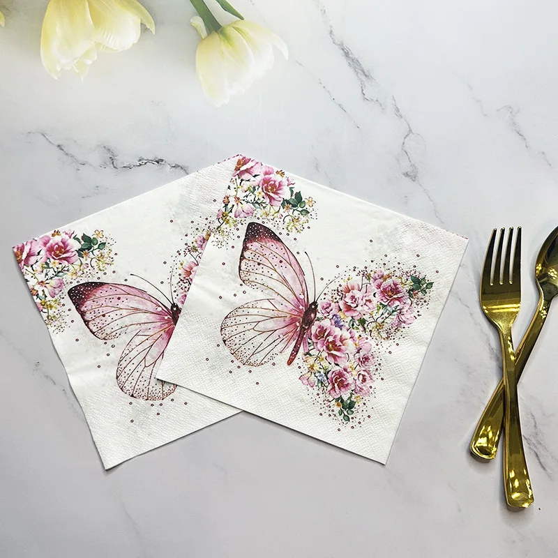 10/20pcs 33cm 2Layer New Butterfly Printed Napkins Pink Butterfly Flowers Party Decoration Paper Picnic Mat DIY Decoupage Paper