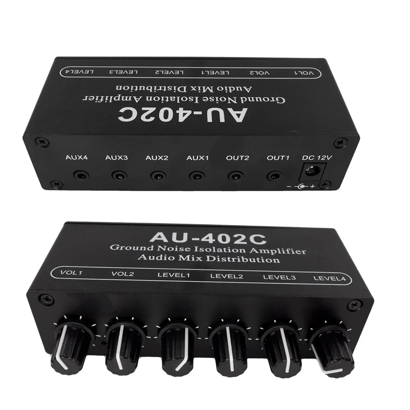 AU-402C Audio Mixed Distributor Signal Selector Switcher 4 Input 2 Output RCA Tone Volume Controls Headphones Amplifier