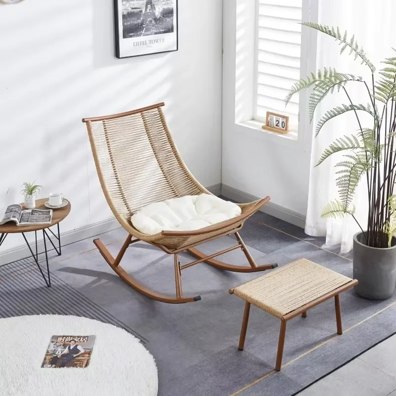 Modern Summer Outdoor Balcony Moon Rocking Chair Casual Simple Backrest Lazy Rattan Home Living Room Recliner Design Hotel