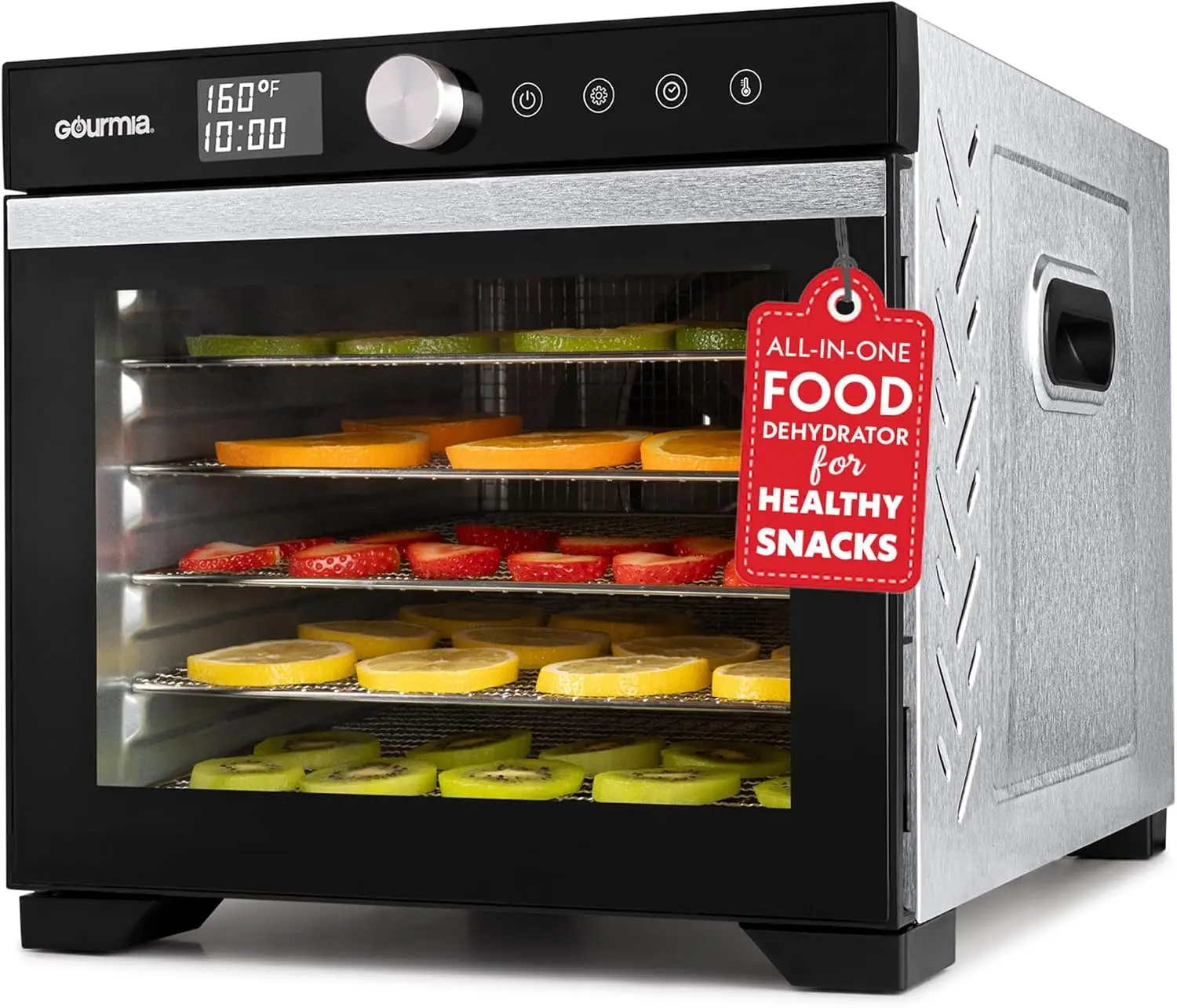 Digital Food Dehydrator – 6 Stainless Steel Trays, 360° Airflow, One-Touch Presets, Adjustable Temp 95–165°F, Timer, Glass Door,