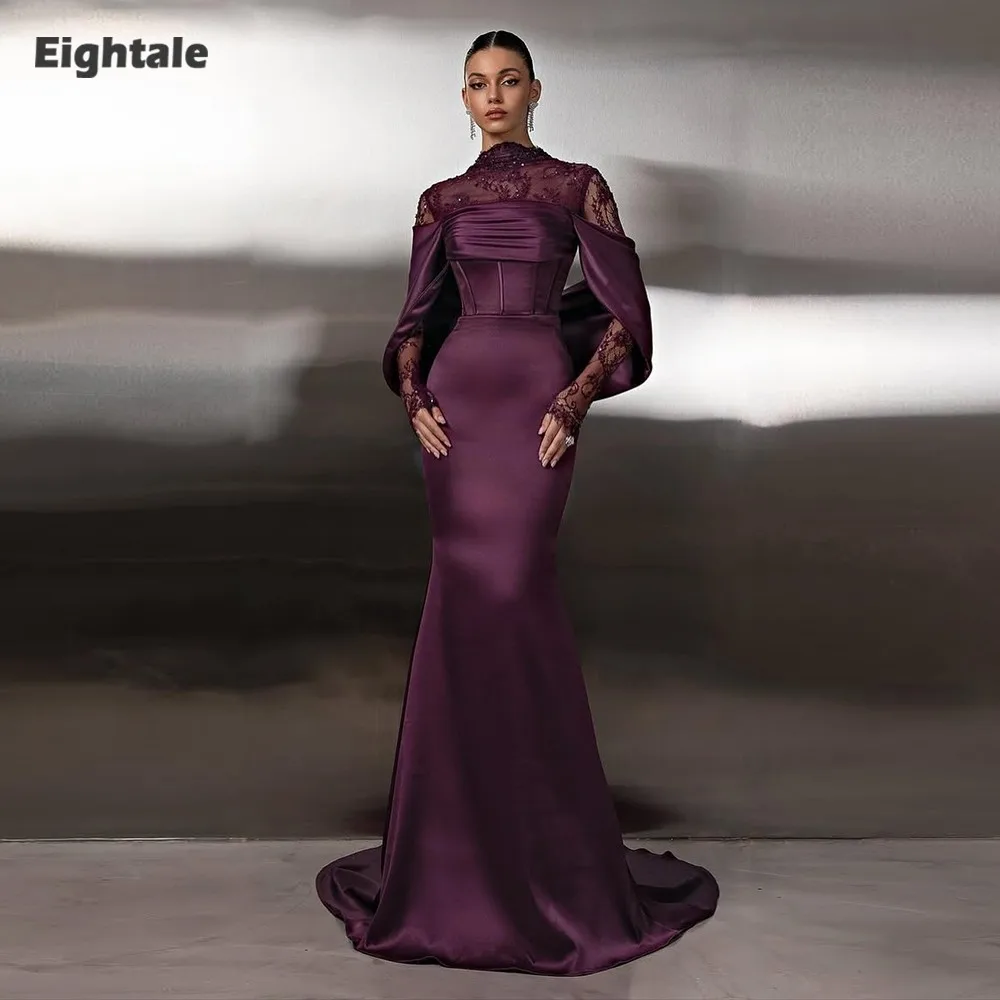 

Eightale Arabic Evening Dresses Long Sleeves High Neck Lace Satin Formal Mermaid Customized Prom Party Gowns for Wedding