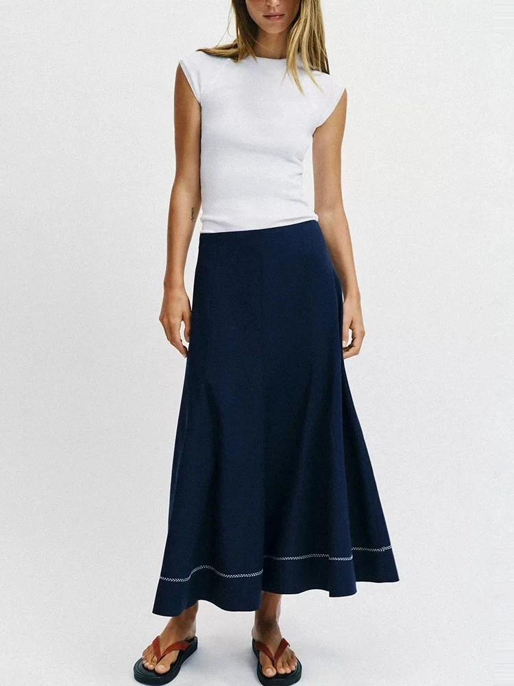 High Waist A-Line Midi Skirt Women's New Summer Fashion Casual Embroidery Half Body Skirt Standard Fit Polyester No Brand