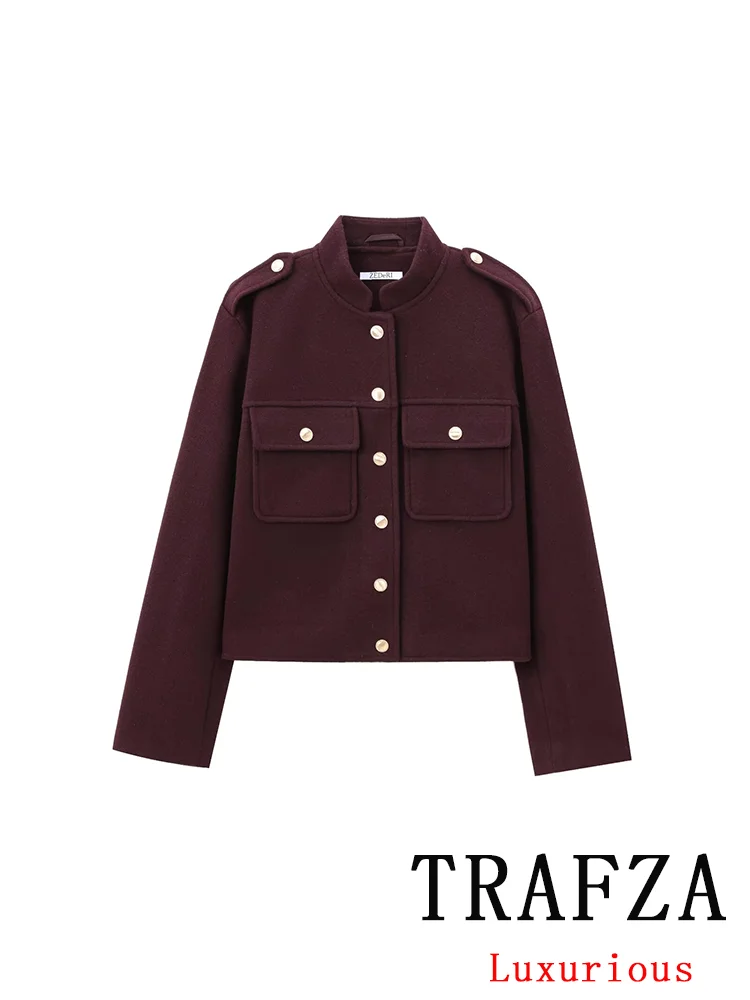 TRAFZA Vintage Casual Chic Carlet Women Jackets Solid Stand Collar Long Sleeve Warm Coat New Fashion 2024 Autumn Winter Outwear