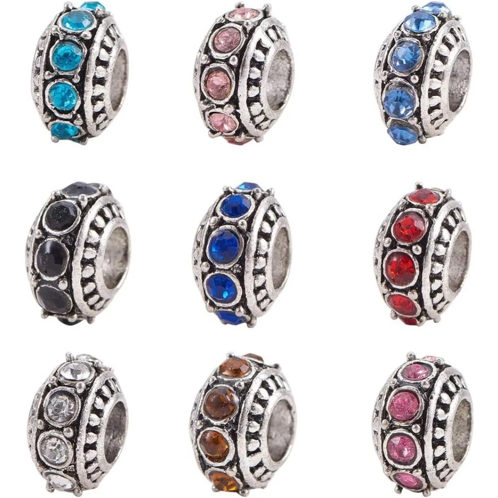 

50PCS Charms Beads Rhinestone Large Hole European Beads Alloy Loose Beads for Necklace Bracelet Earrings Making 9 Colors