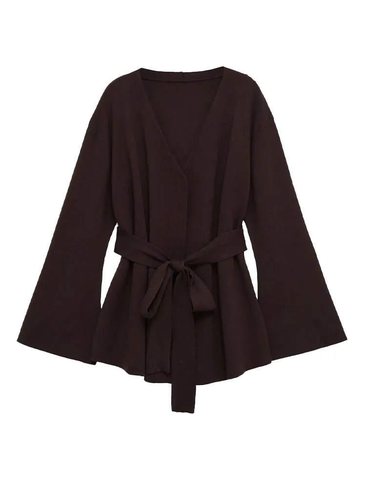 HH المرأة الموضة الرجعية تنوعا الخامس الرقبة طويلة الأكمام حزام محبوك سترة الإناث بسيطة شارع العليا سترة غير رسمية سترة معطف