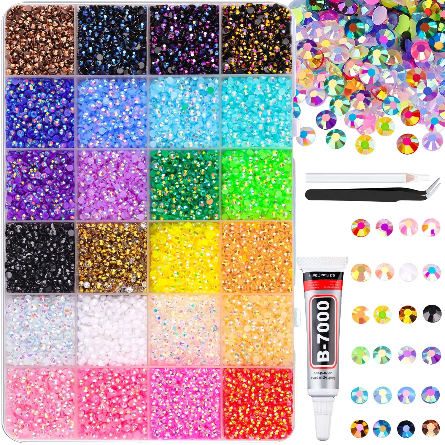 32000Pcs Resin Rhinestones + B7000 Glue, 3mm Flatback Gems for Crafts, Bedazzling Kit for Shoes, Clothes, Nail Art