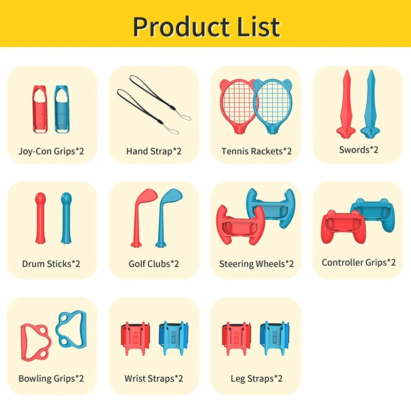 18 In 1 Accessories Kit For Nintendo Switch Sports Games, Tennis Rackets, Grips Golf Clubs, Wristbands Leg Strap