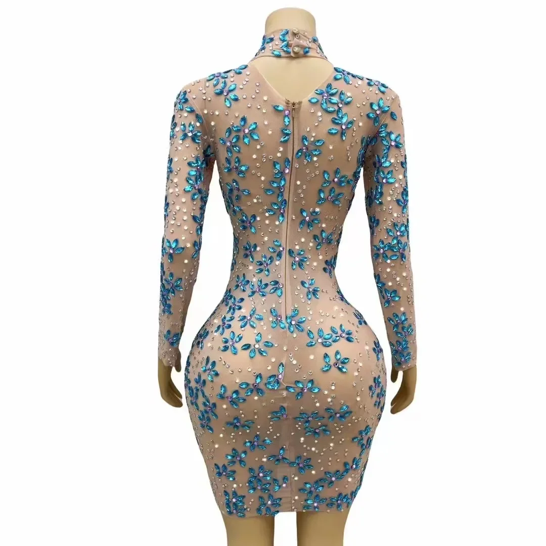 Nightclub Birthday Dance Party Photoshoot Dress Gowns Collections Women Sexy Stage Blue Rhinestones Long Sleeve Dress