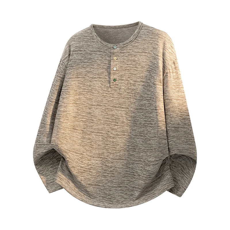 Men's Henry Neck Loose Fit Multi Color Yarn Knit Loose Fit Casual Streetwear Style Basic T Shirt