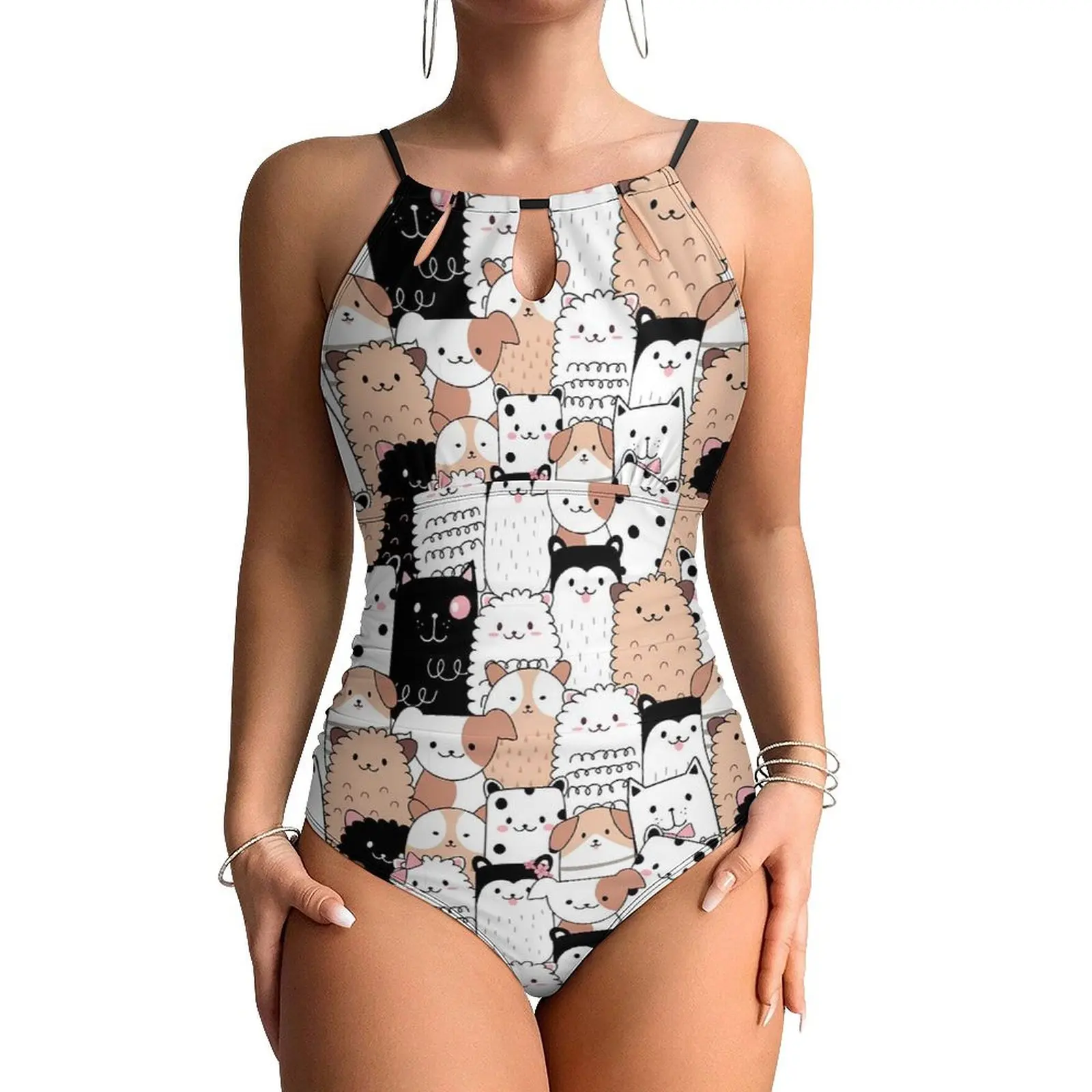 Cartoon Dog Print Swimsuit Cute Animal Push Up Swimwear One-Piece Holiday Monokini Swimsuits Sexy Graphic Beach Wear Large Size