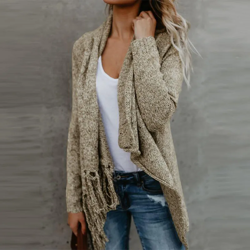 Cardigan Sweater Autumn Women Long Sleeve Oversize Sweater Loose Hem Tassel Cardigan Sweater CoatLoose