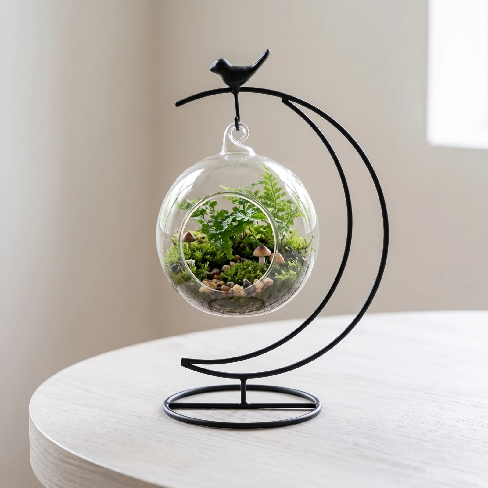 Hanging Planter Stand with Crescent-Moon Frame Decorative Tabletop Hanging Stand with Bird Ornament Air Plant Holder Curved