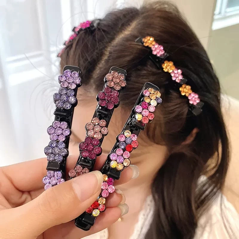 Double Layer Rhinestone Flower Side Clip Headdress Hairpin Women Forehead Bangs Shape Hair Weaving Hair Clip Hair Accessories