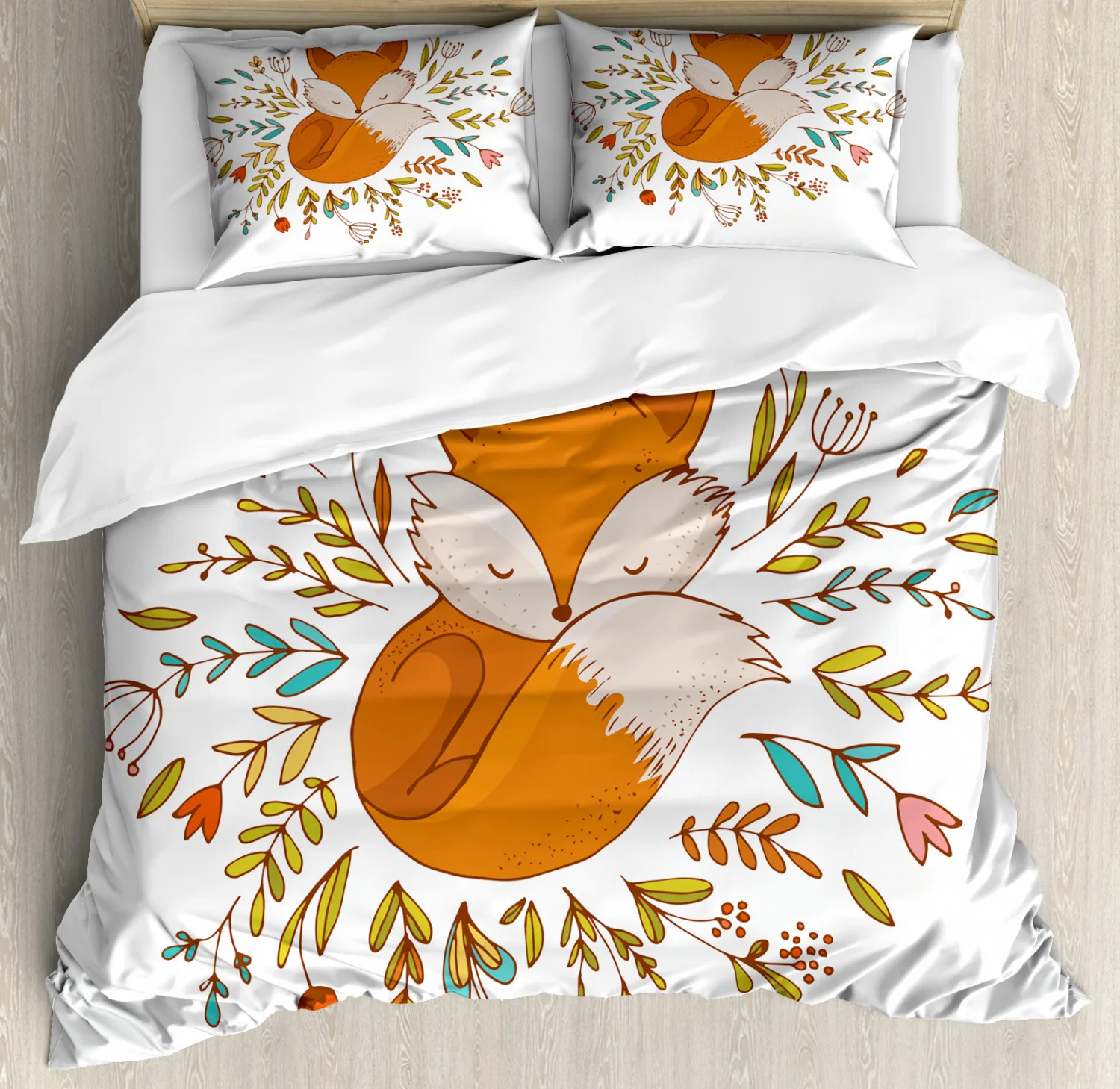 

Cartoon Fox Duvet Cover King Size,Baby Fox Sleeping In A Floral Circle Image Print Bedding Set Kids Animal Polyester Quilt Cover