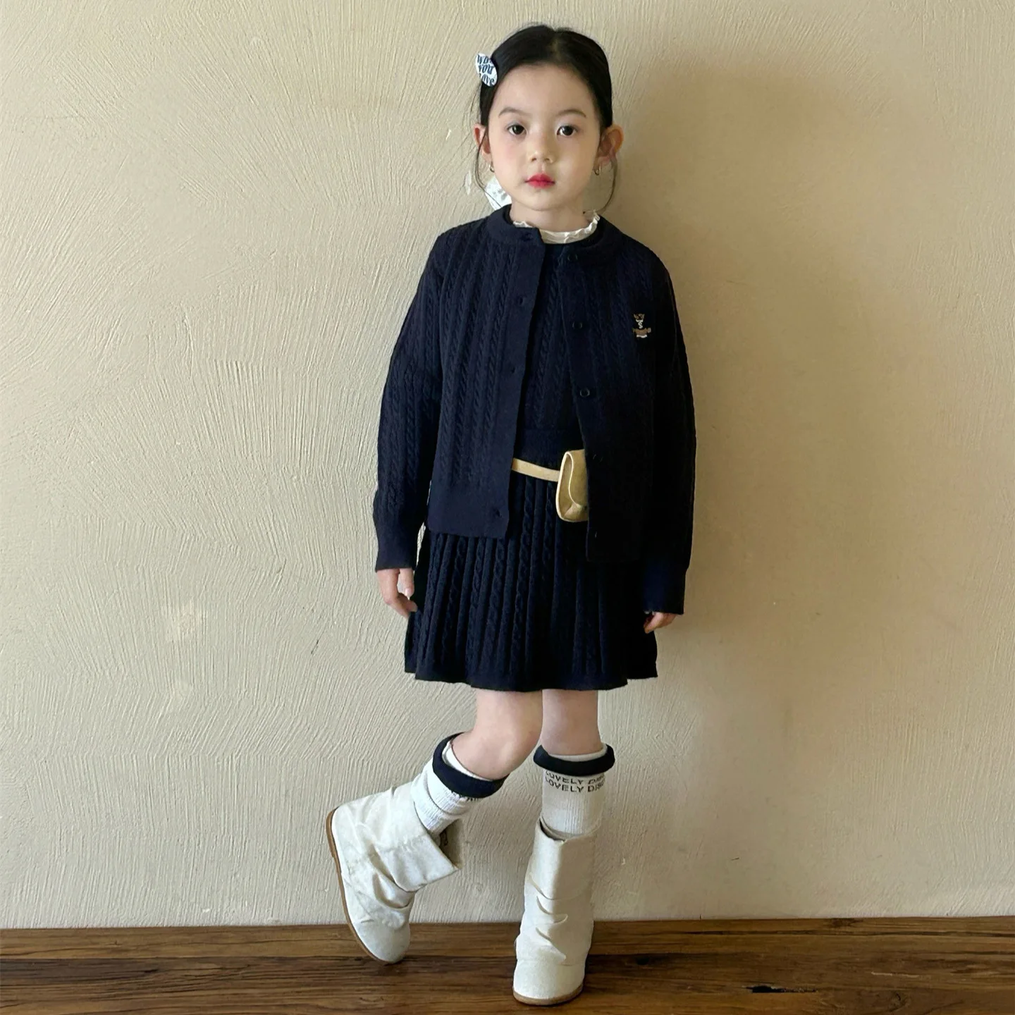 Girls Set 2025 Spring New Korean Fashion Academy Style Set Knitted Cardigan Vest Skirt 3 Piece Set Kids Clothes