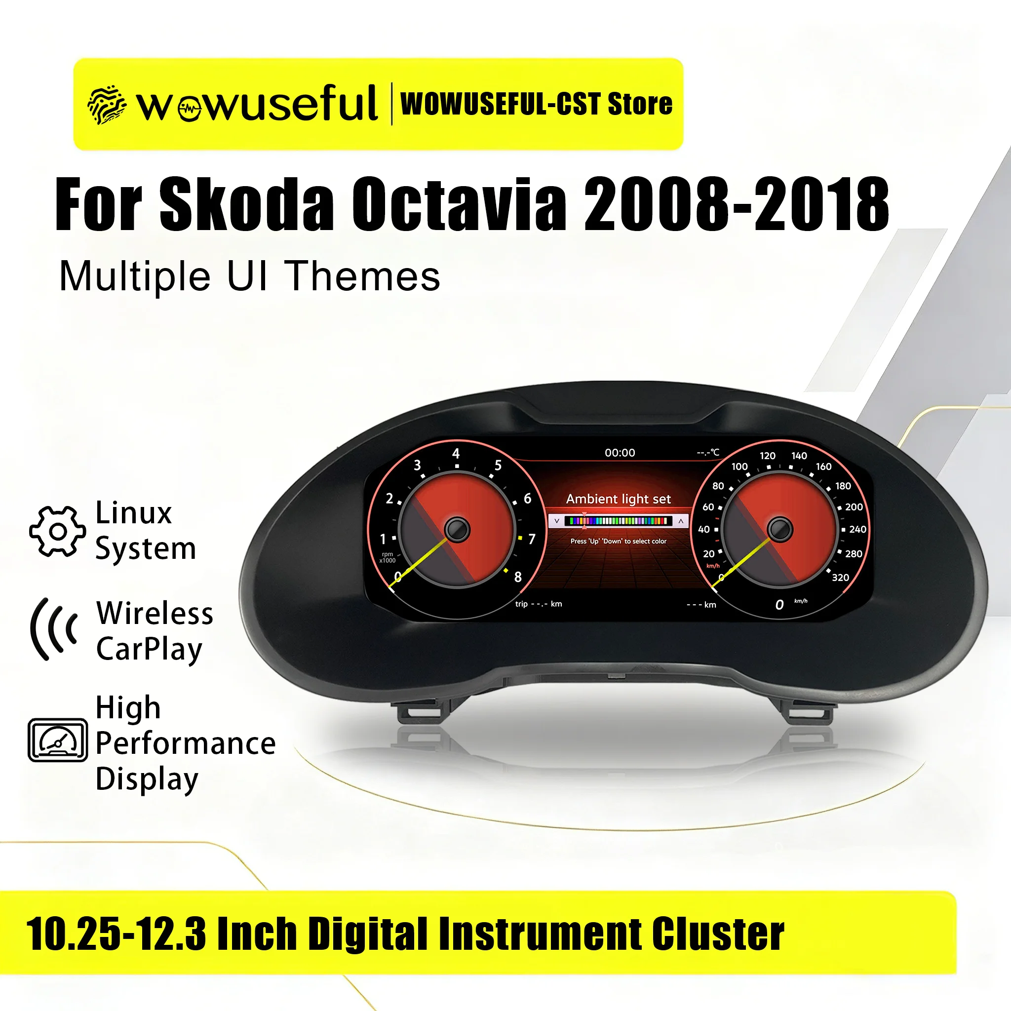 WOWUSEFUL Virtuelles Cockpit-Dashboard-Cluster für VW SKODA Octavia Baujahre 2008-2018 Digitales Tachometer-Instrumentenpanel